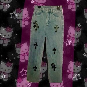 Y2k Embroidered Crosses Baggy Jeans